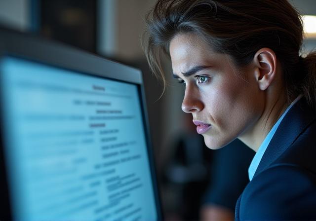 A person looking stressed while looking at legal documents on a computer screen