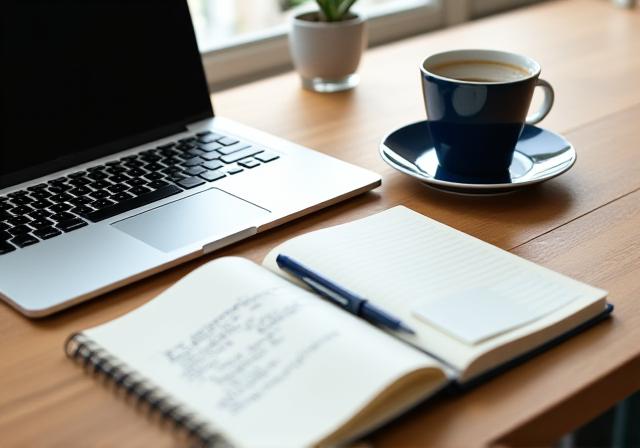 A freelancer working on a laptop in a bright home office with a coffee cup