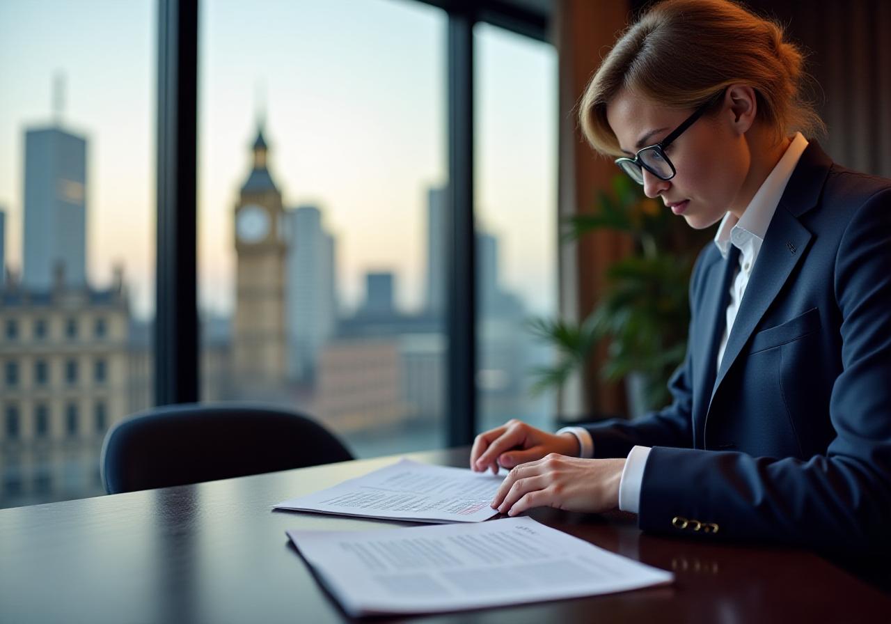 Lawyer reviewing a legal contract in a modern London office