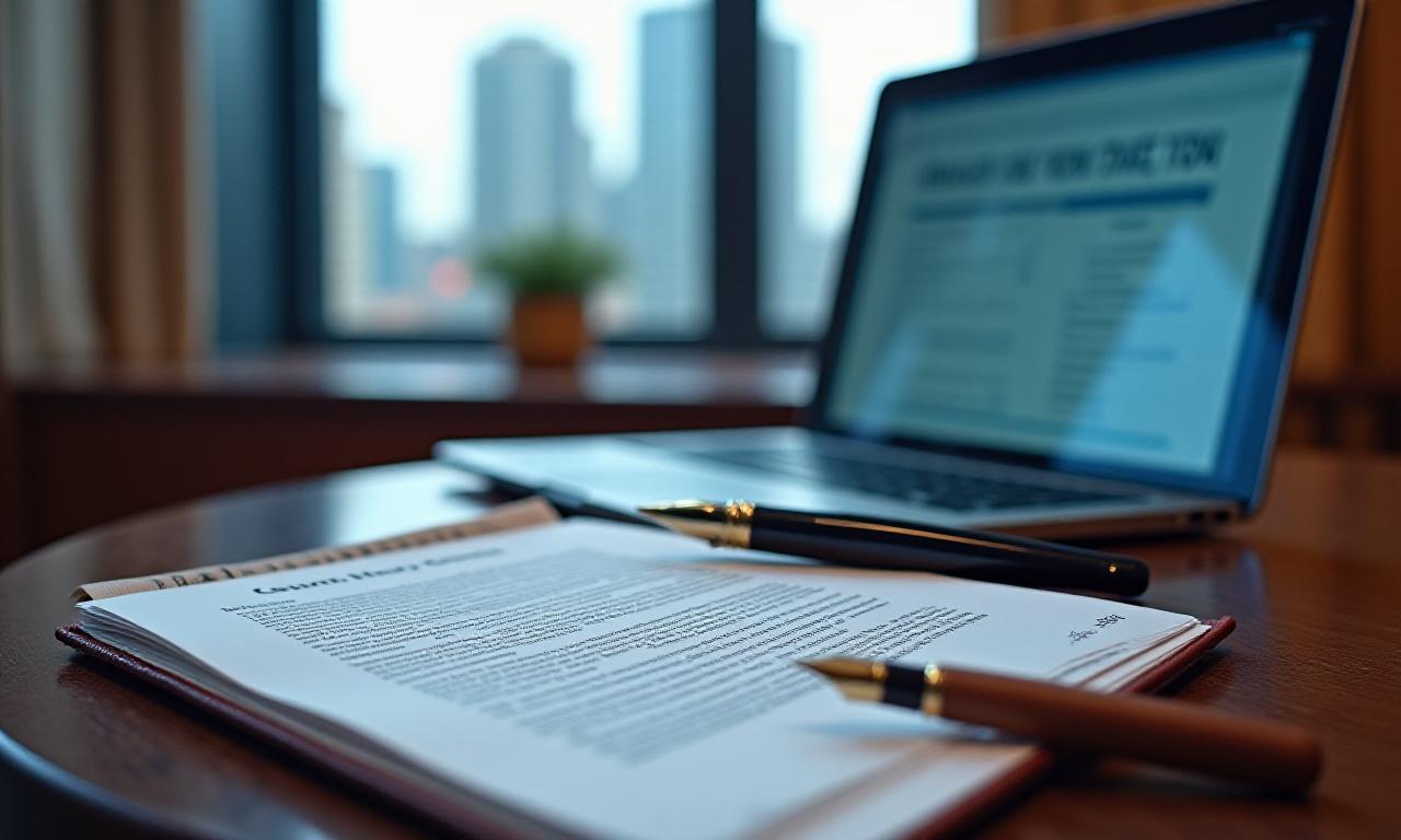 Professional legal workspace with laptop and legal documents