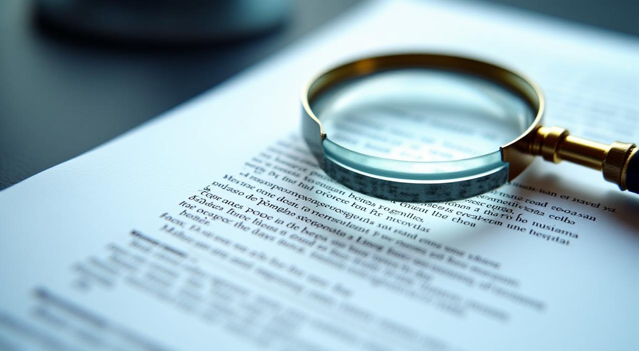 Close up of a generic contract template with a magnifying glass highlighting complex legal language.